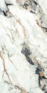 White glossy marble laminate with black and brown veining and speckles, showing stone pattern texture and high sheen finish.