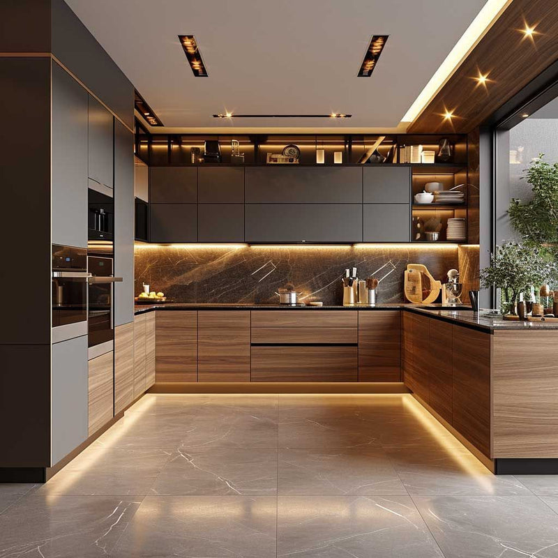 Matte woodgrain laminate kitchen with marble wall panel