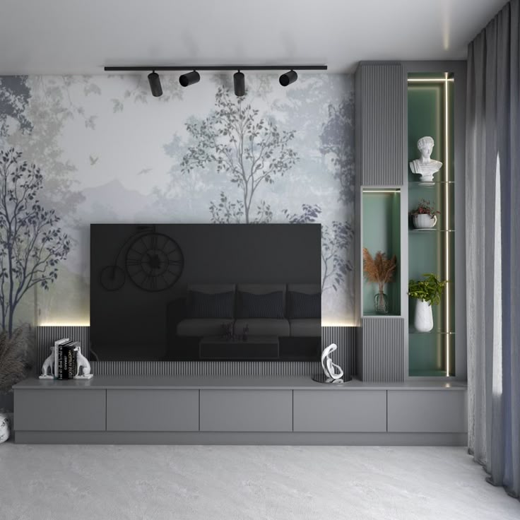 Grey laminate TV unit with ribbed louvers and textured wall panel