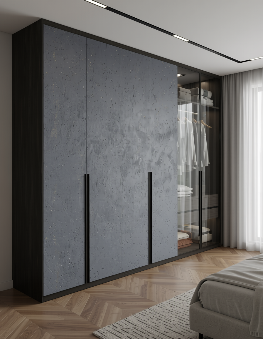 Grey textured wall panel with subtle speckles and rough surface finish.