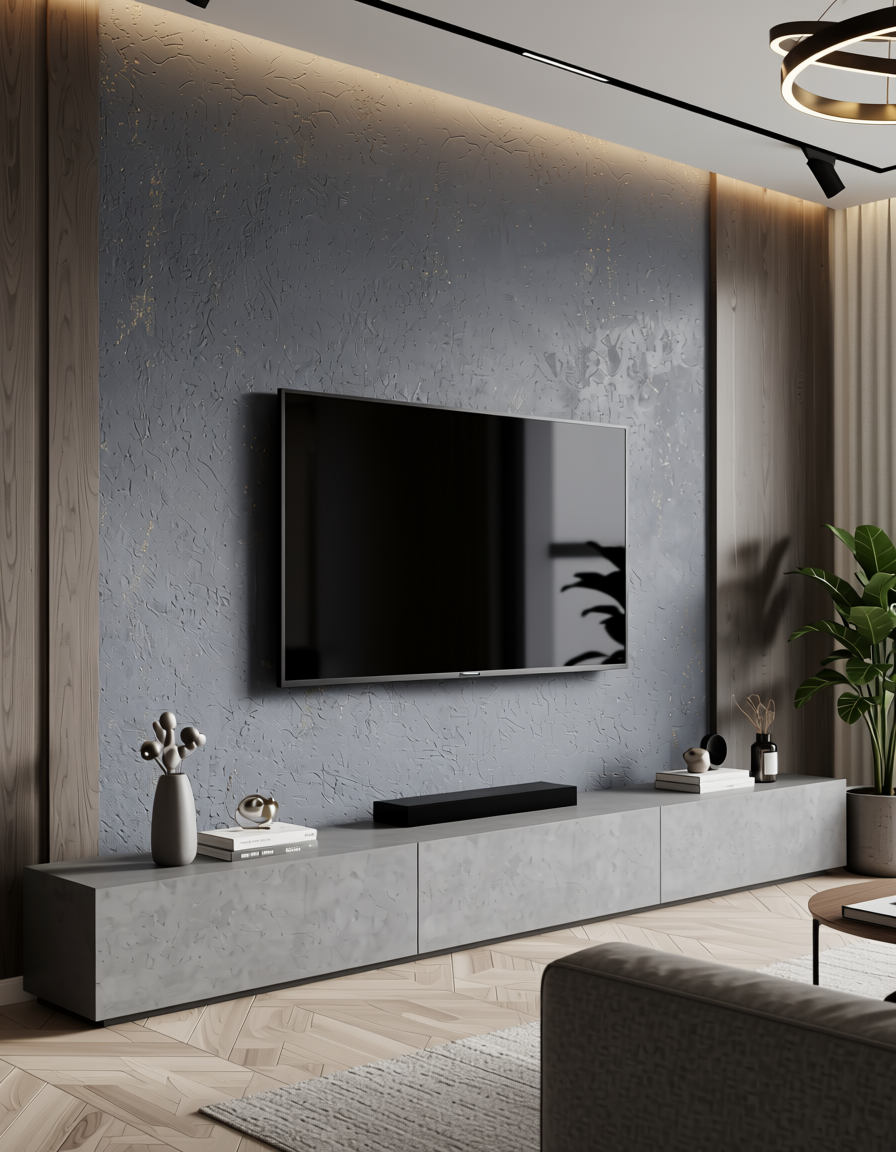 Grey textured wall panel with subtle speckles and rough surface finish.