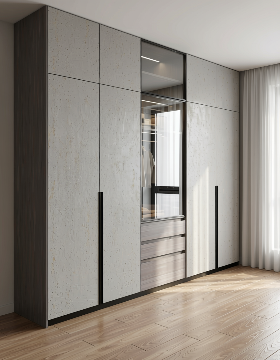 Light grey textured wall panel with subtle beige undertones and rough surface.
