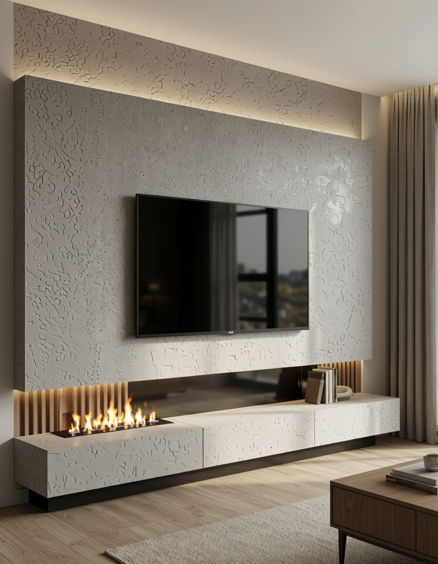 Light grey textured wall panel with subtle beige undertones and rough surface.
