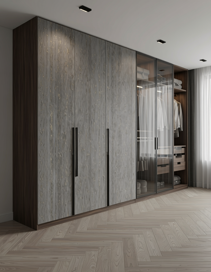 Gray wall panel with textured finish and subtle vertical striations, matte sheen.