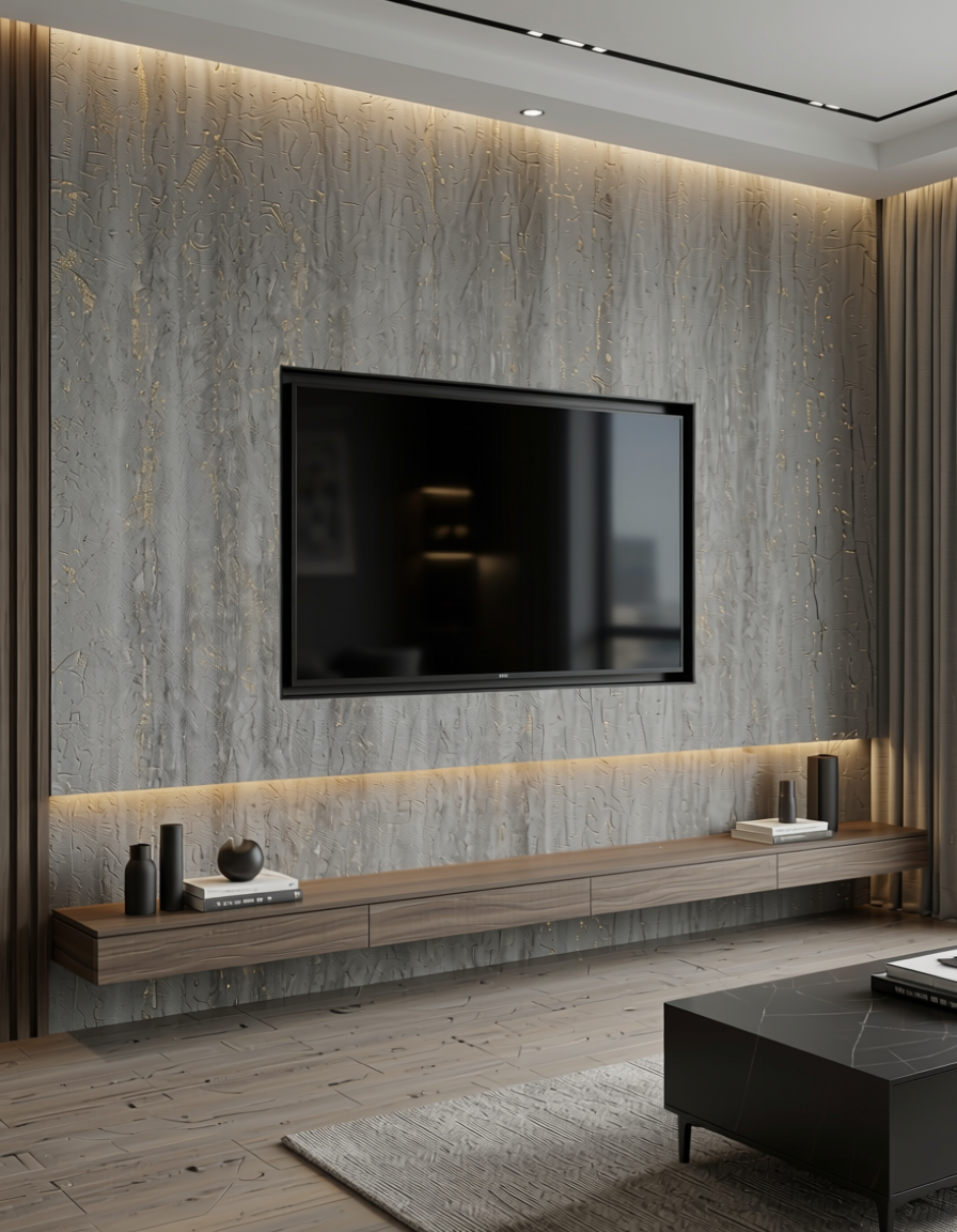 Gray wall panel with textured finish and subtle vertical striations, matte sheen.