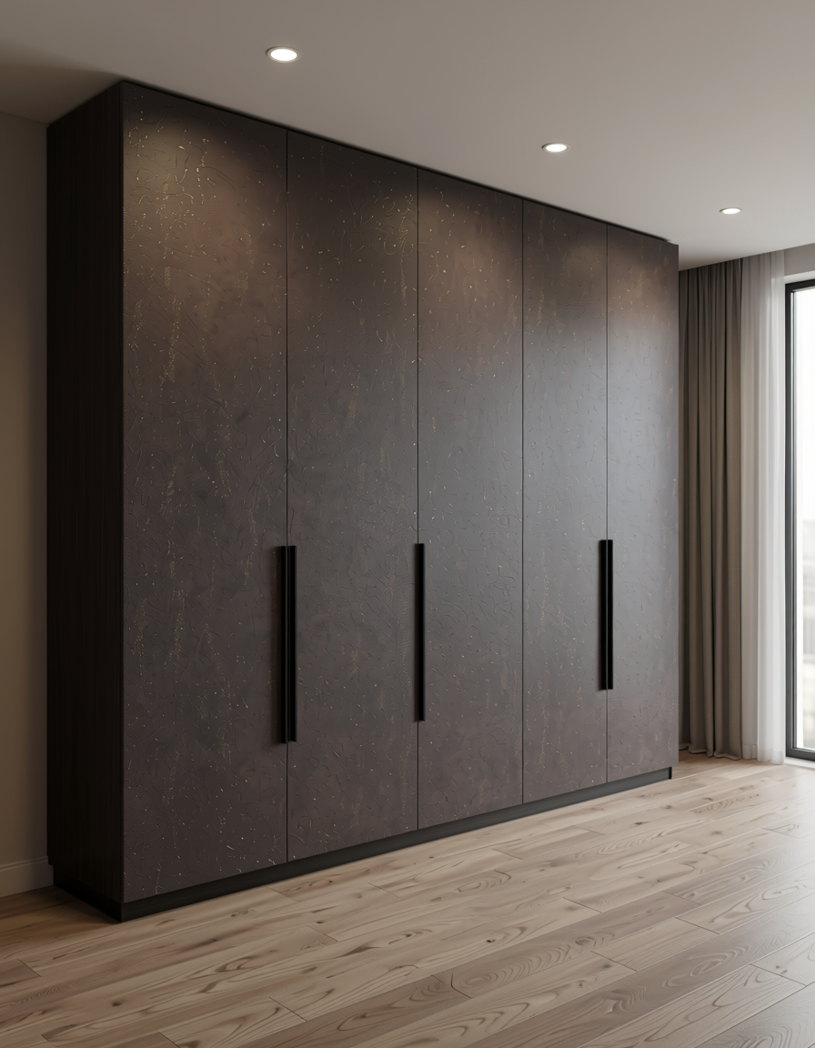 Dark brown textured wall panel with subtle gold speckles and rough finish.