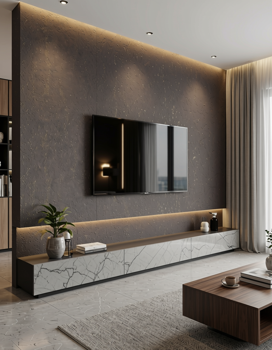 Dark brown textured wall panel with subtle gold speckles and rough finish.
