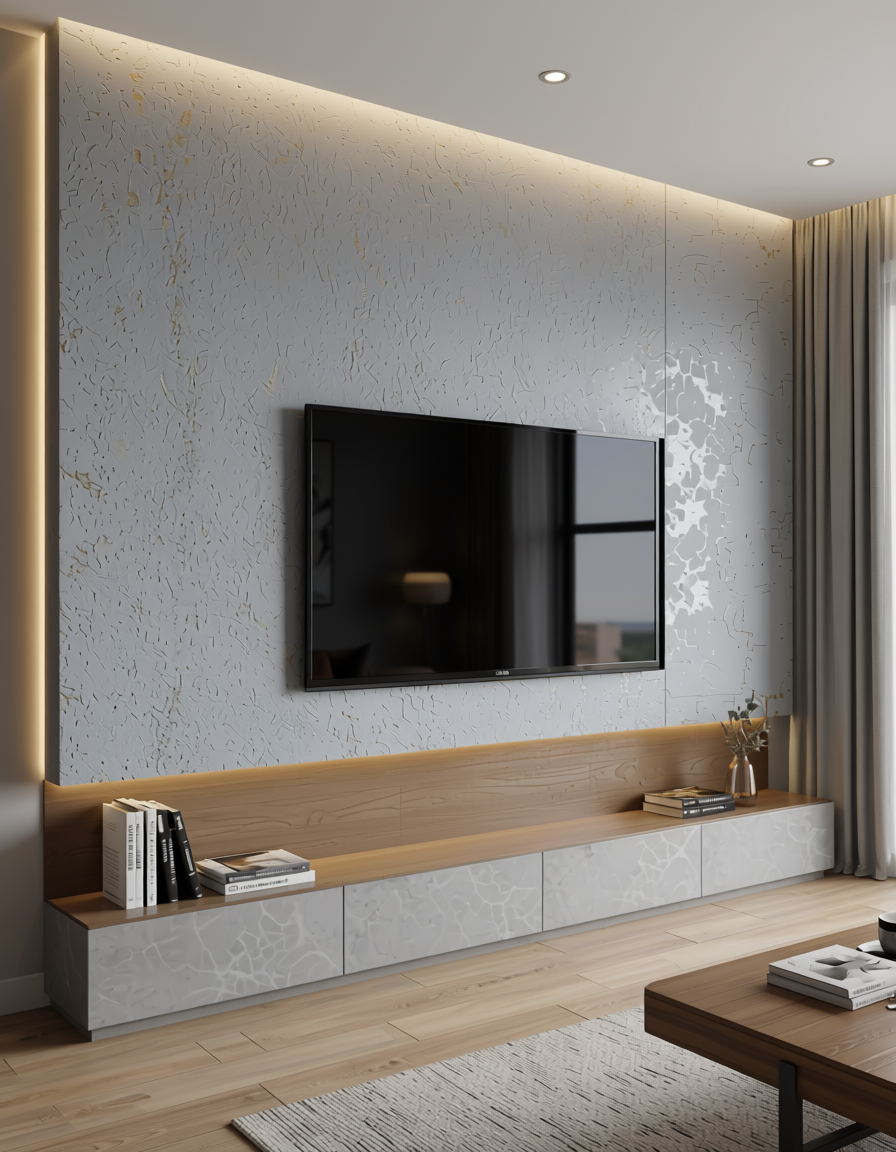 Light grey textured wall panel with subtle beige speckles and rough surface finish.
