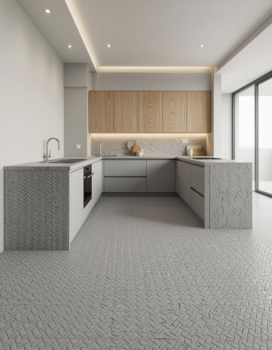 Light gray wall panel with textured, woven geometric pattern and subtle sheen.