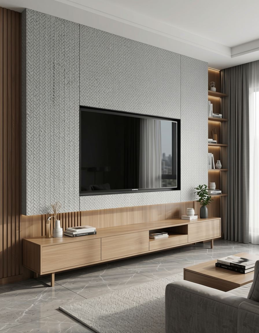 Light gray wall panel with textured, woven geometric pattern and subtle sheen.