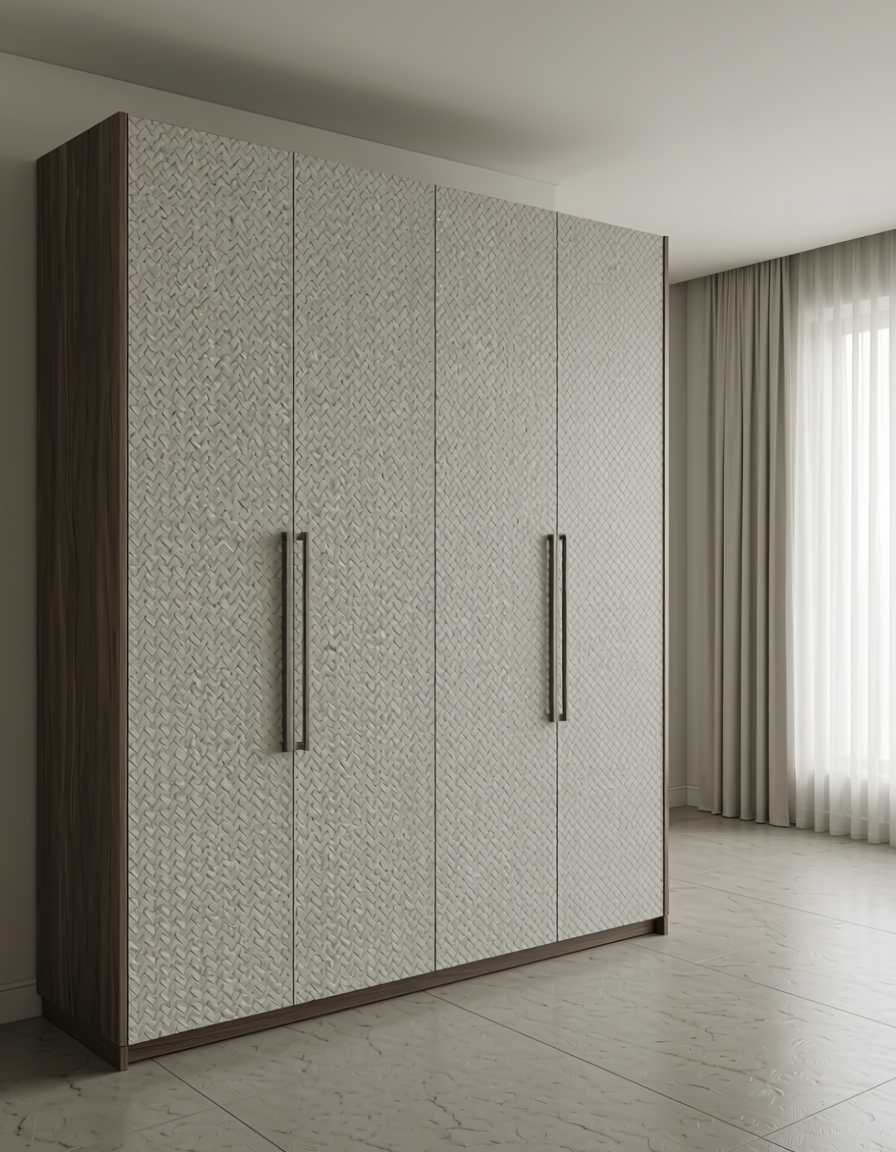 White wall panel with textured, woven geometric pattern and subtle sheen.