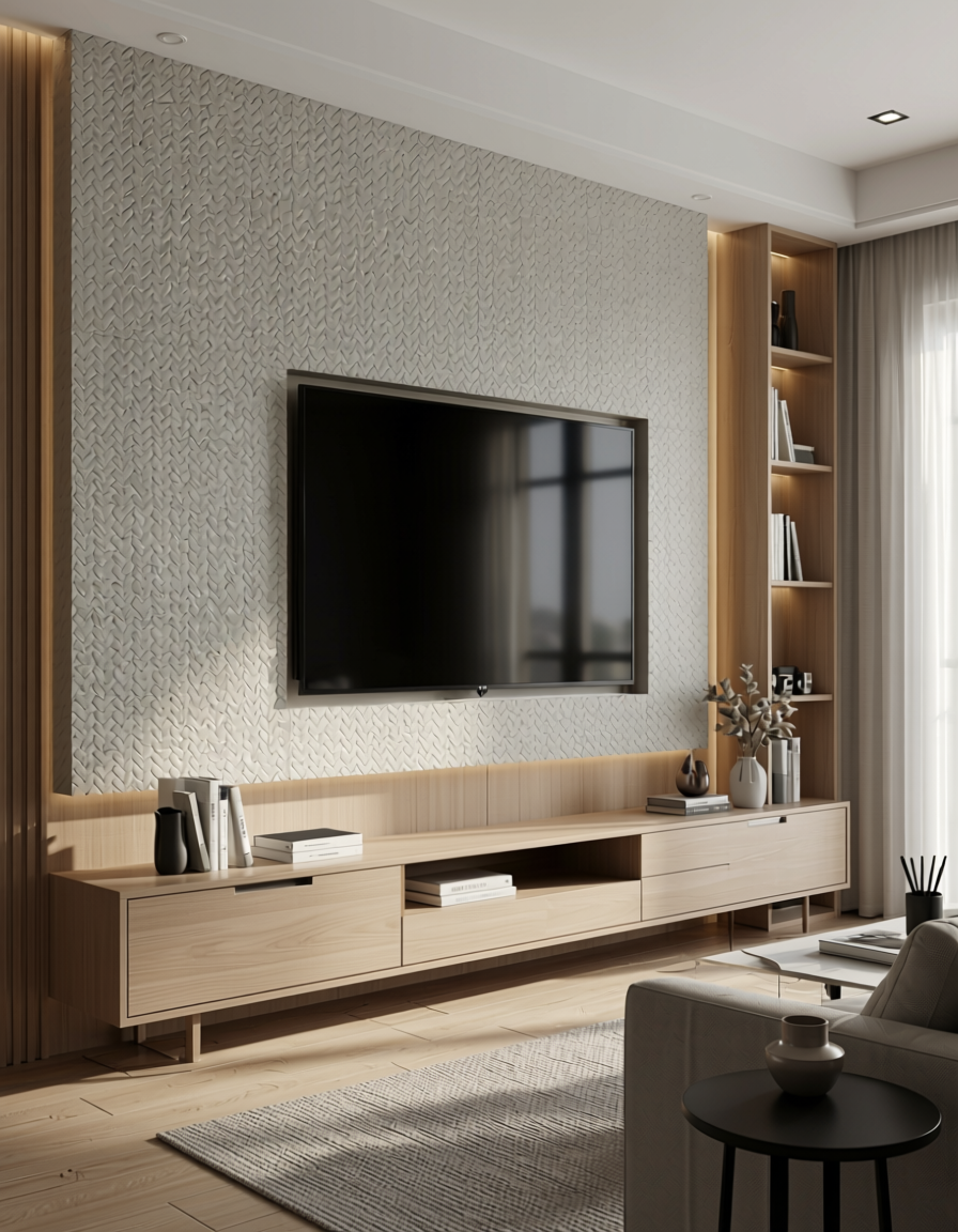 White wall panel with textured, woven geometric pattern and subtle sheen.