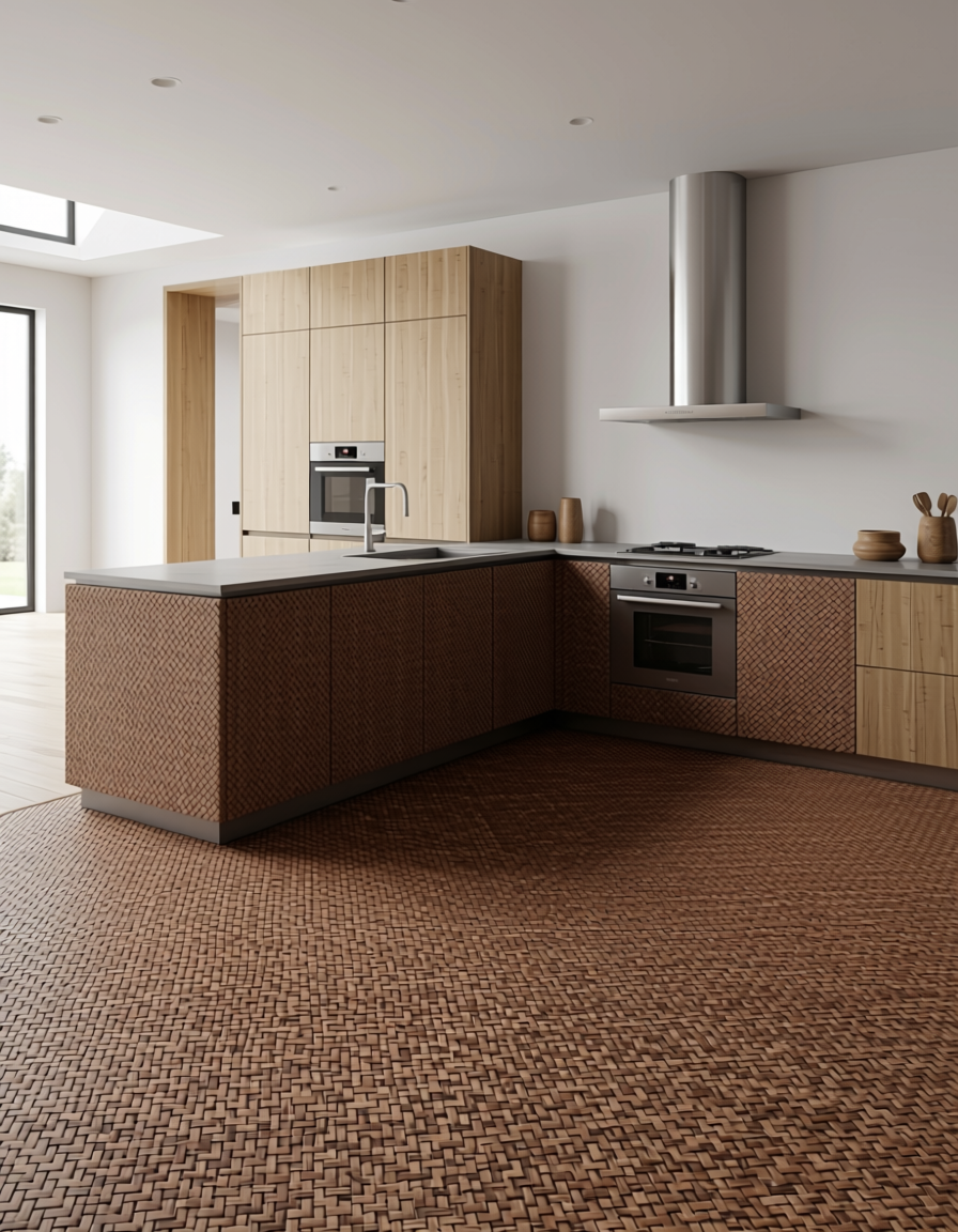 Brown textured wall panel with woven cane pattern and diagonal grain direction.