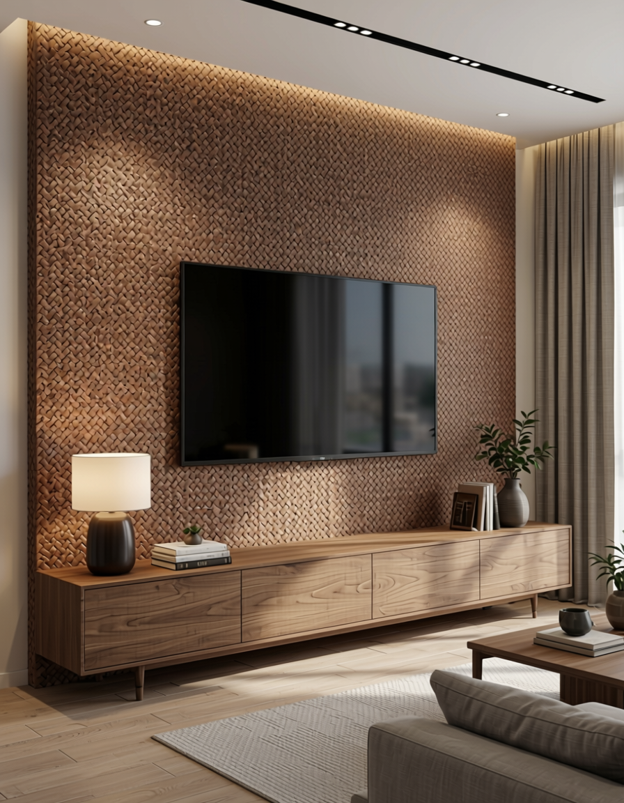 Brown textured wall panel with woven cane pattern and diagonal grain direction.
