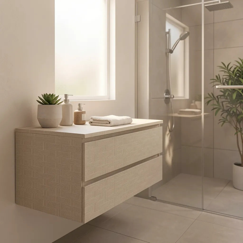 Beige laminate with textured, brick-like pattern and subtle sheen, featuring a geometric design.