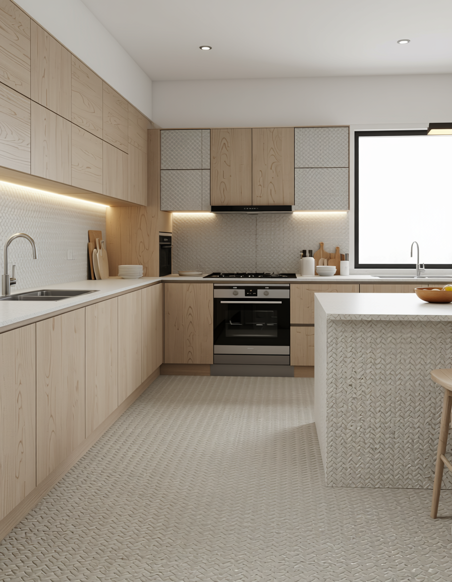 White wall panel with textured, diagonal, herringbone pattern and subtle sheen finish.