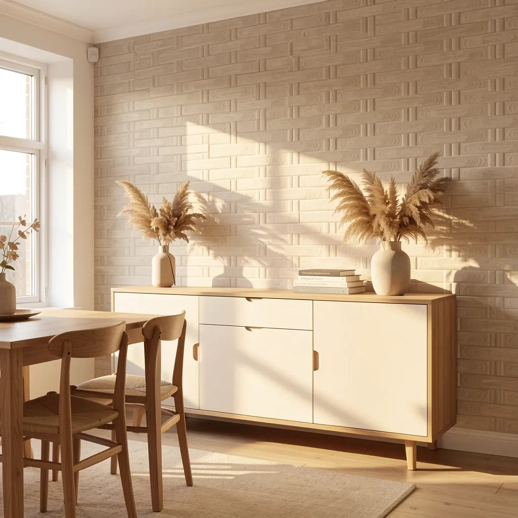 Beige laminate with textured, brick-like pattern and subtle sheen, featuring a geometric design.