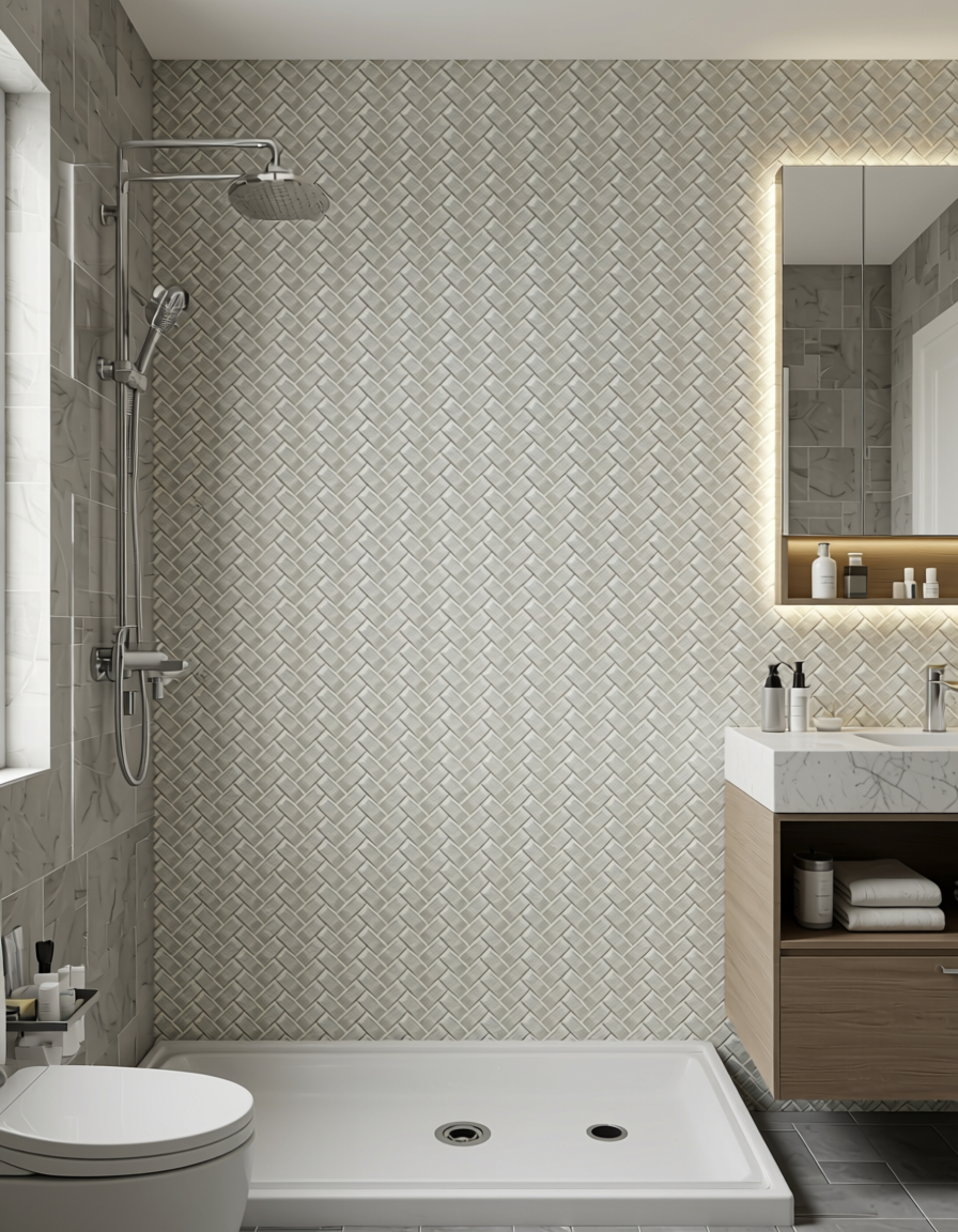 White wall panel with textured, diagonal, herringbone pattern and subtle sheen finish.