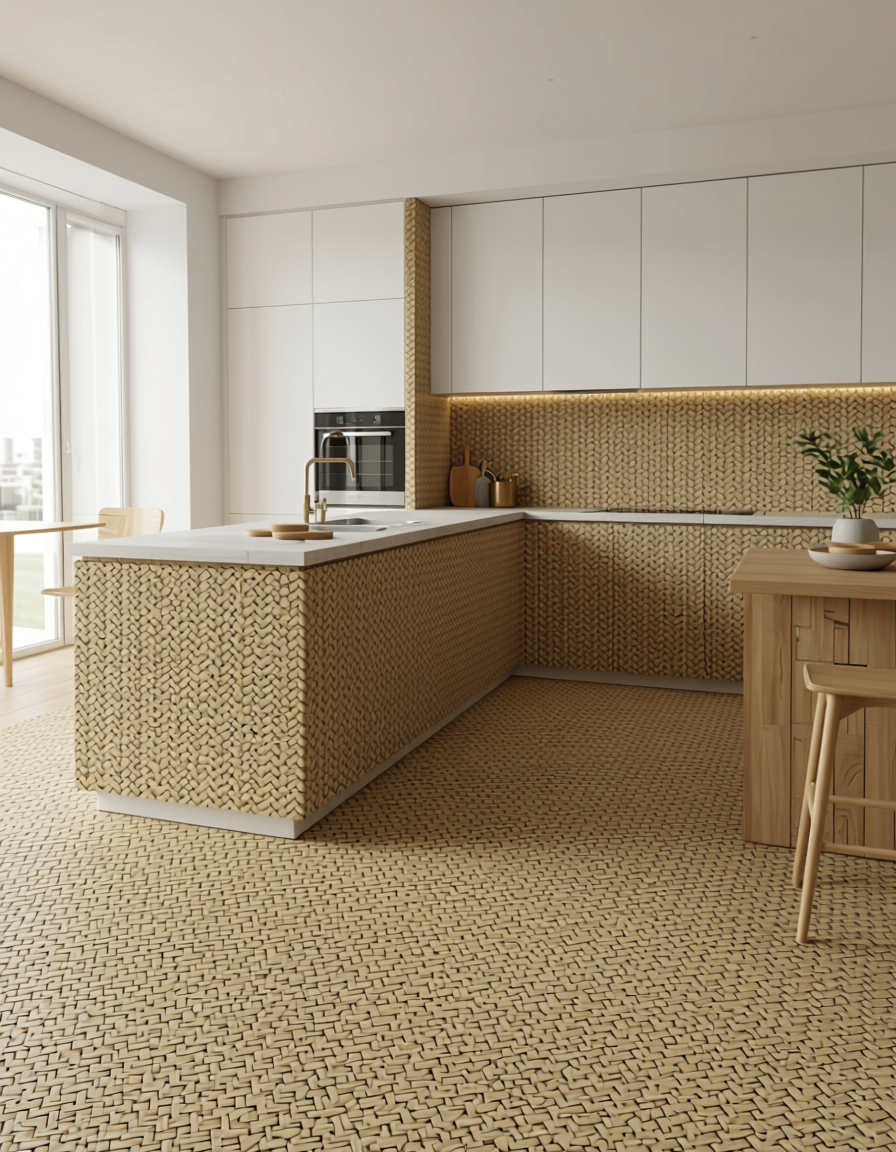 Tan woven wall panel with textured cane pattern and diagonal grain direction.