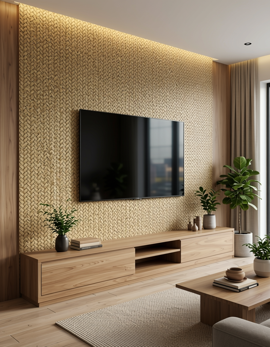Tan woven wall panel with textured cane pattern and diagonal grain direction.