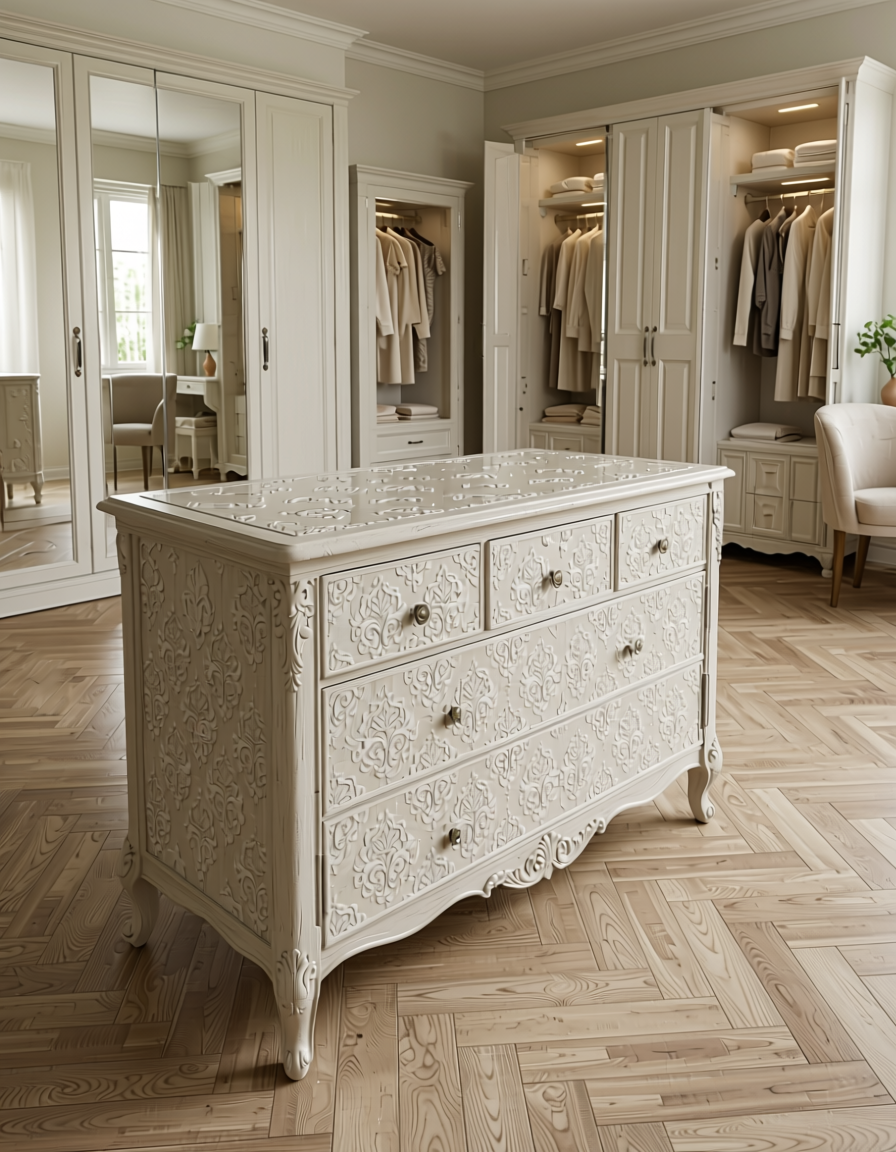 Beige wall panel with white embossed damask pattern and textured finish.