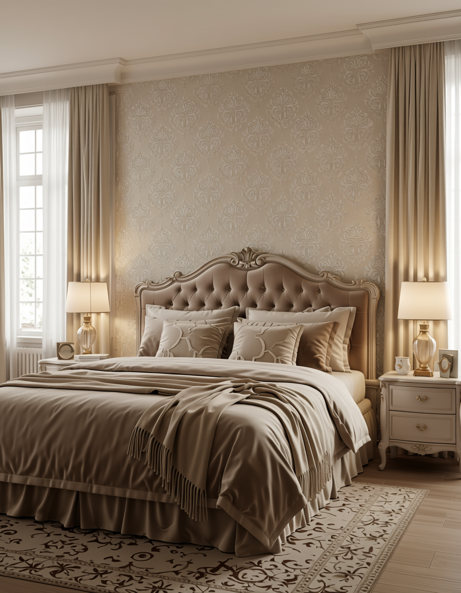 Beige wall panel with white embossed damask pattern and textured finish.