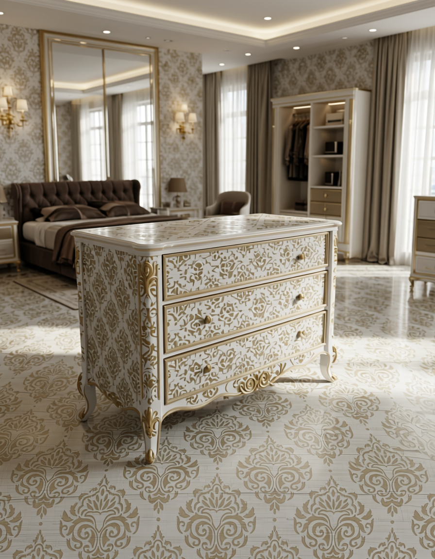 Gold damask pattern on white textured wall panel with intricate floral design.