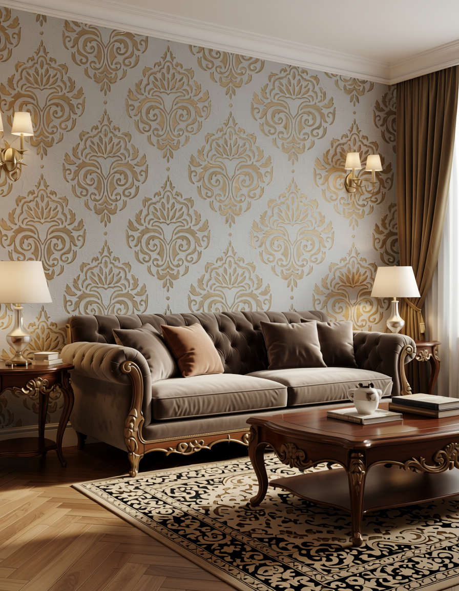 Gold damask pattern on white textured wall panel with intricate floral design.