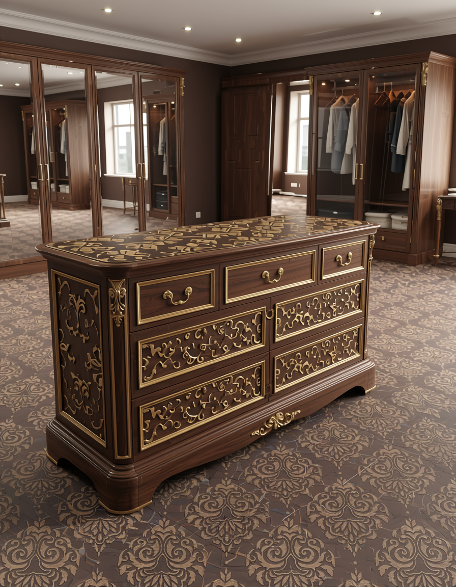 Brown wall panel with repeating gold damask pattern and textured finish.