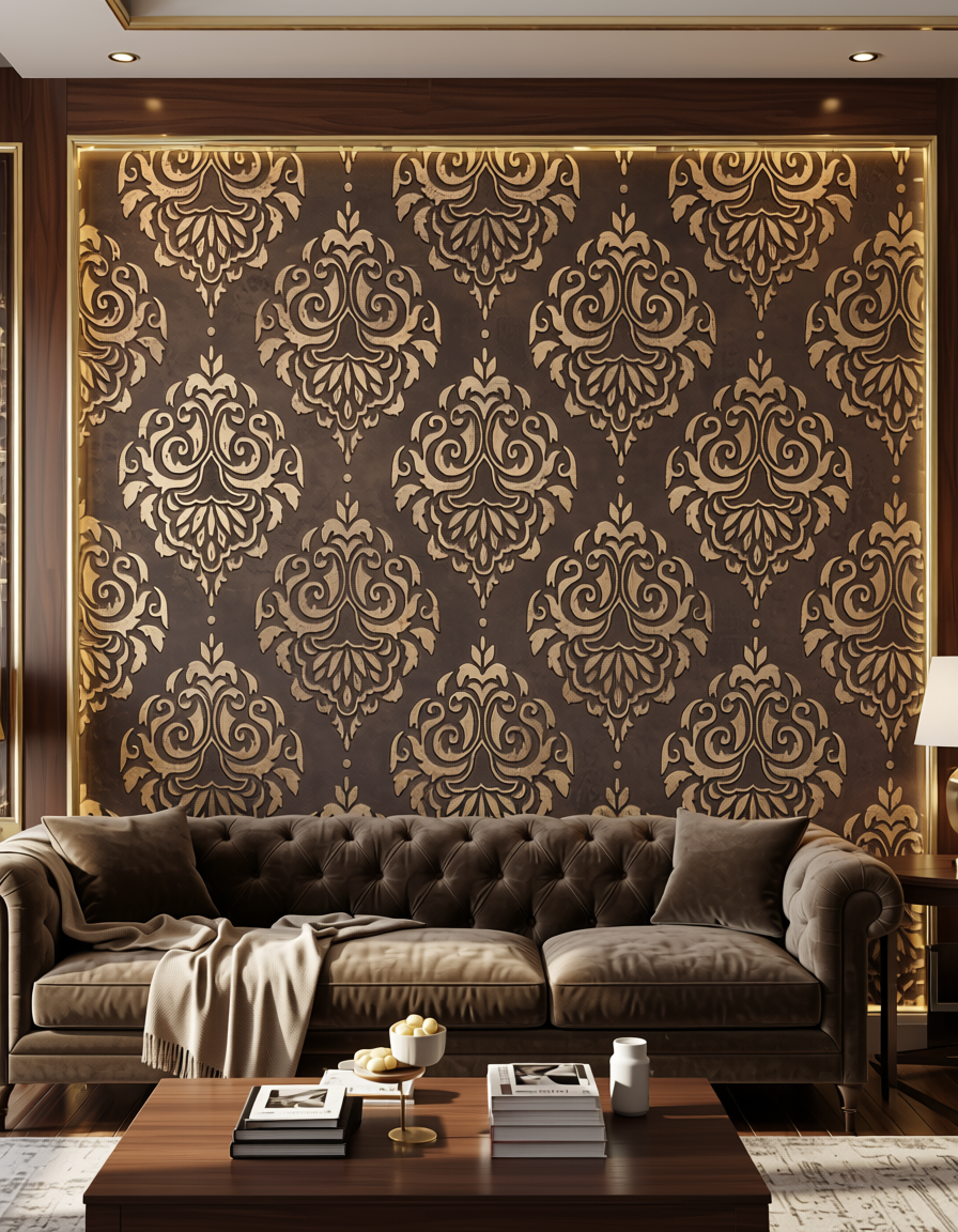 Brown wall panel with repeating gold damask pattern and textured finish.