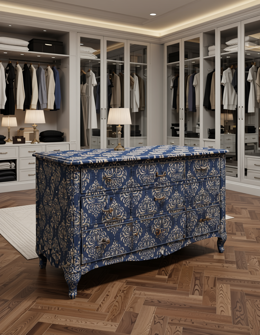 Dark blue wall panel with beige damask pattern and textured finish.