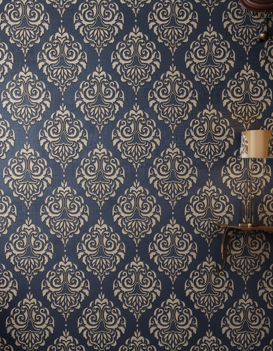 Dark blue wall panel with beige damask pattern and textured finish.