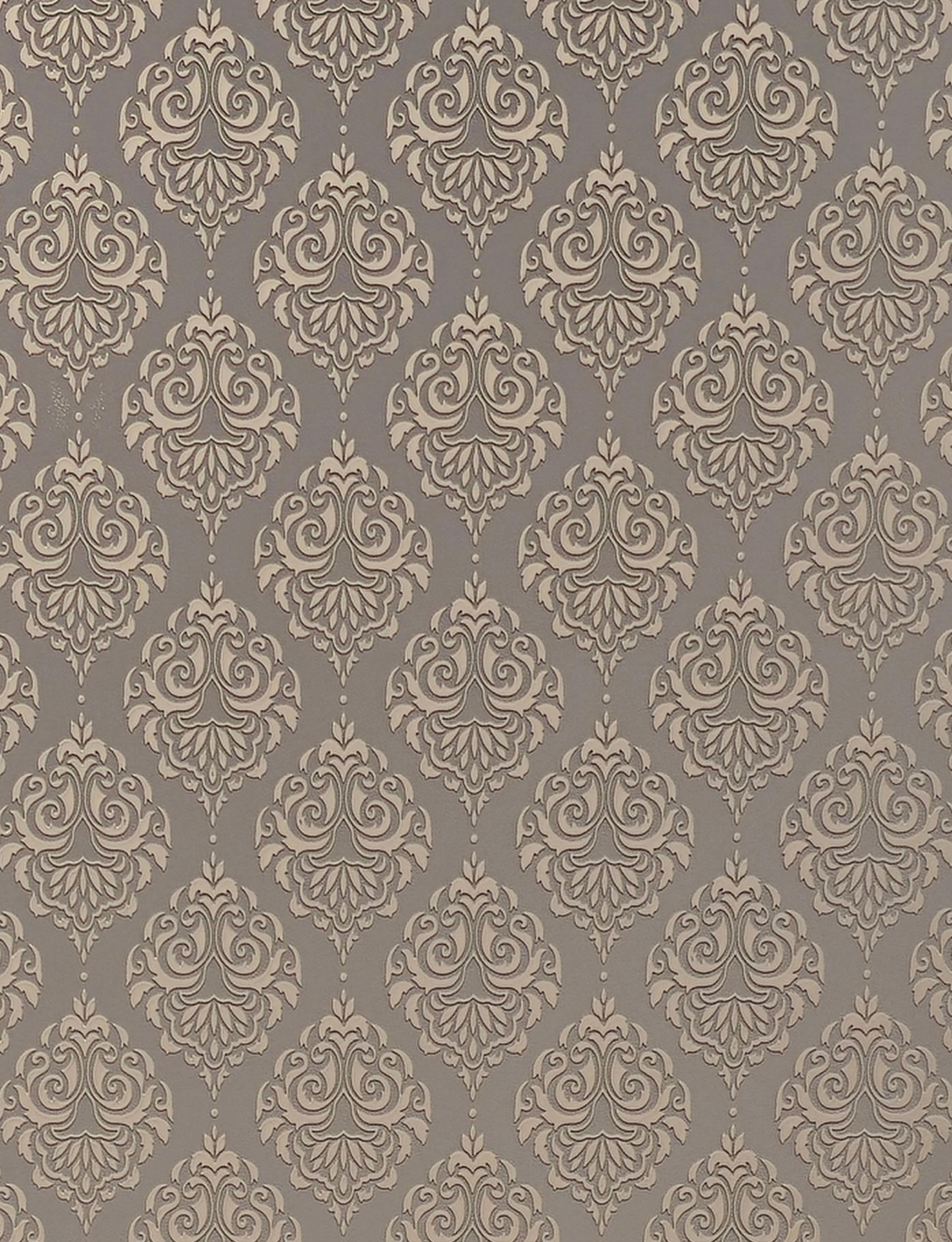 Gray wall panel with beige damask pattern and textured finish.