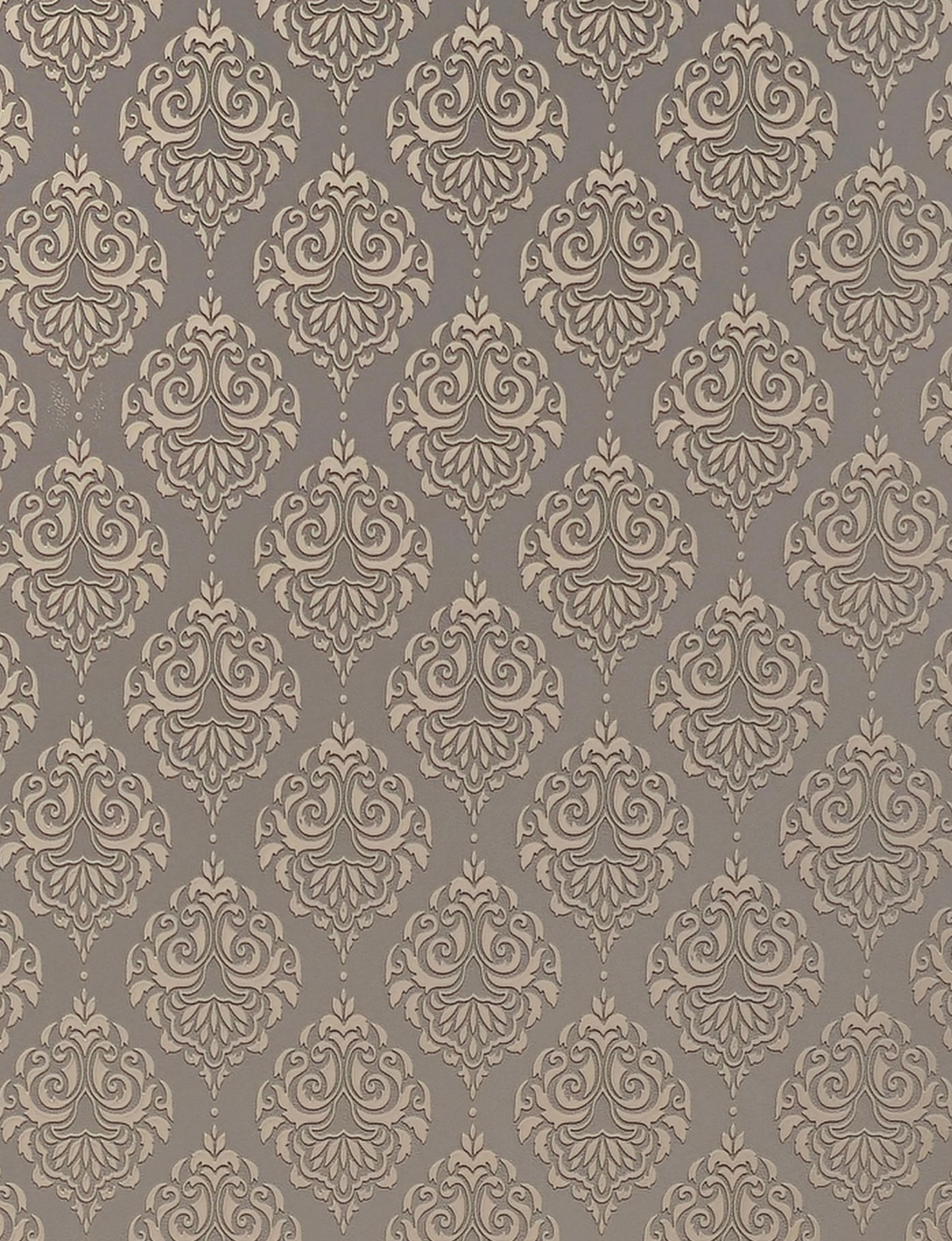 Gray wall panel with beige damask pattern and textured finish.