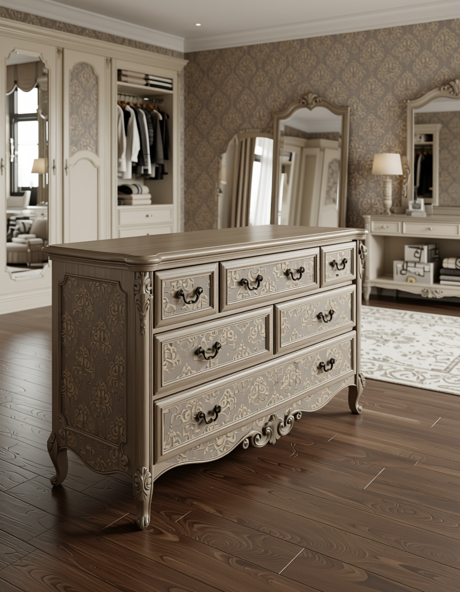 Gray wall panel with beige damask pattern and textured finish.