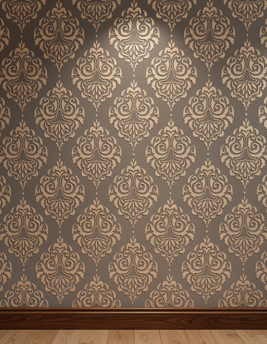 Gray wall panel with beige damask pattern and textured finish.