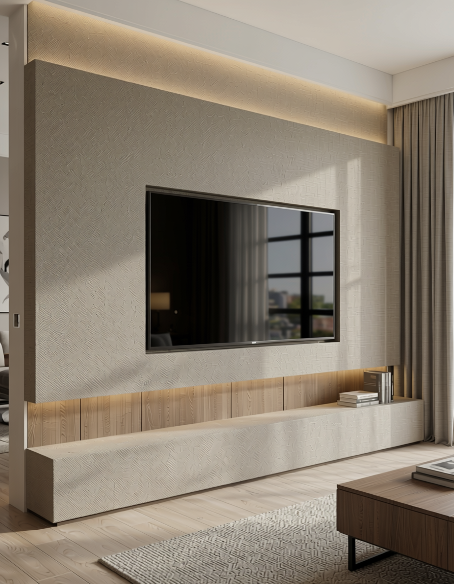 Beige fabric wall panel with textured surface and subtle weave pattern.
