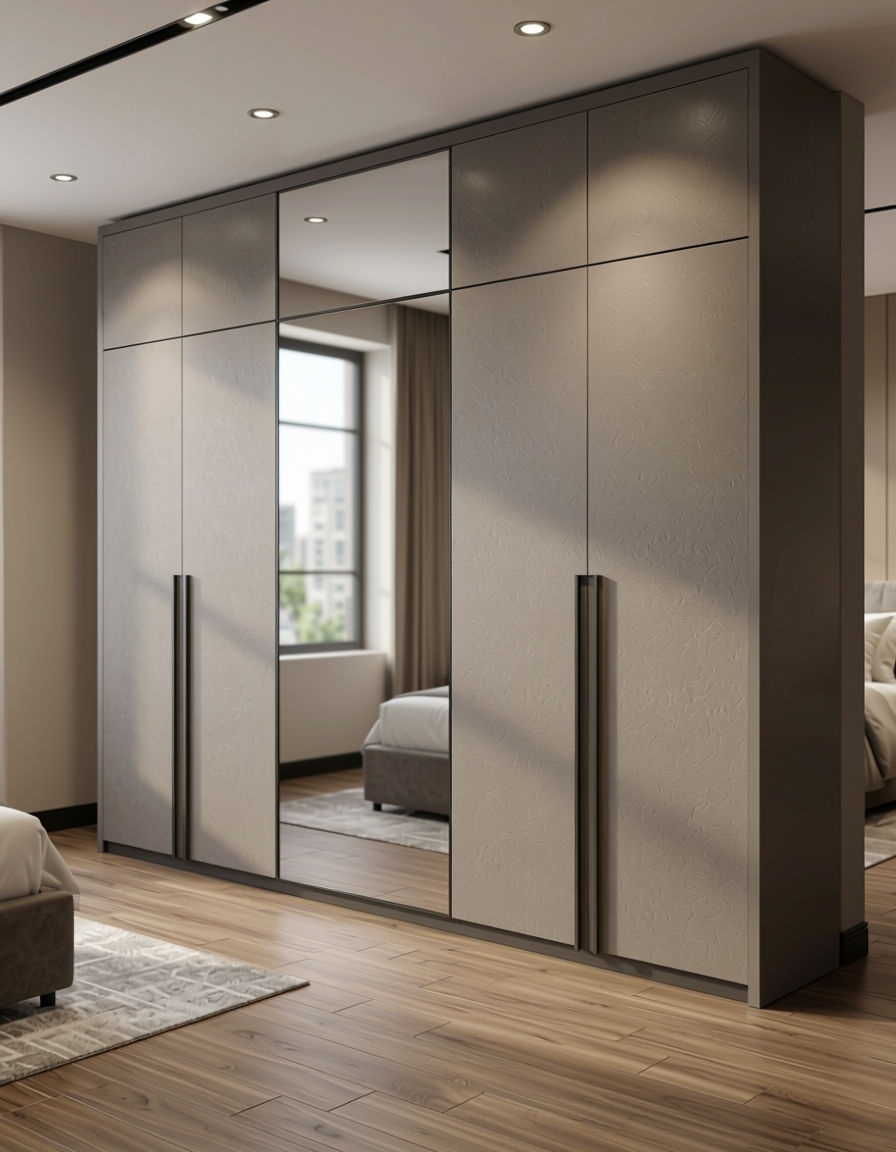 Taupe fabric wall panel with textured, woven pattern and subtle sheen.