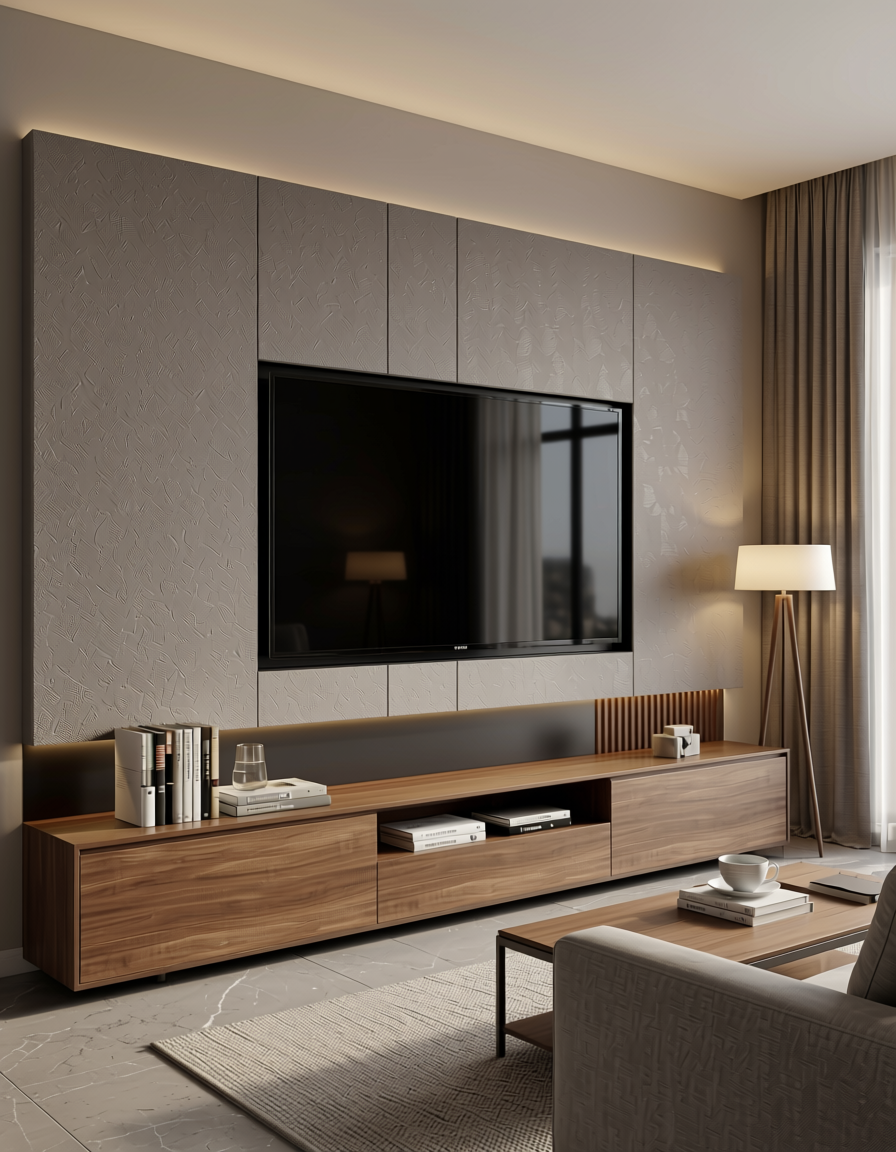 Taupe fabric wall panel with textured, woven pattern and subtle sheen.