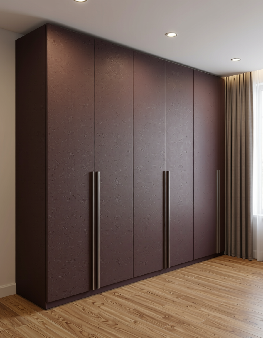 Dark brown fabric wall panel with textured surface and subtle weave pattern.