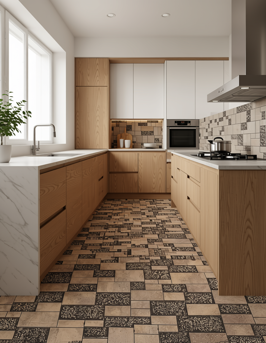 Geometric wall panel featuring textured, beige and dark brown rectangular patterns.