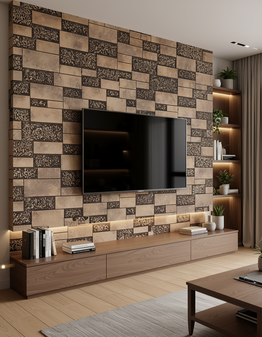Geometric wall panel featuring textured, beige and dark brown rectangular patterns.