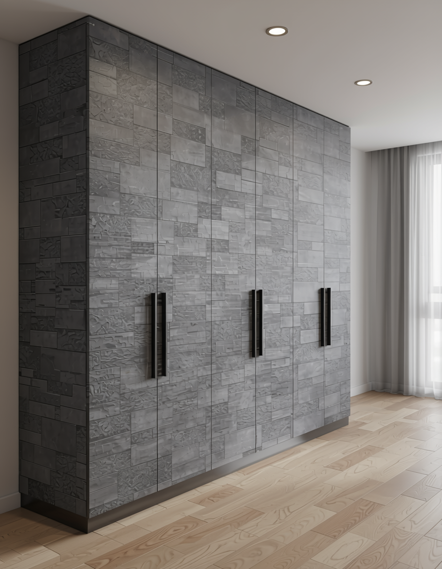 Gray wall panel with textured, rectangular tiles in a staggered pattern.