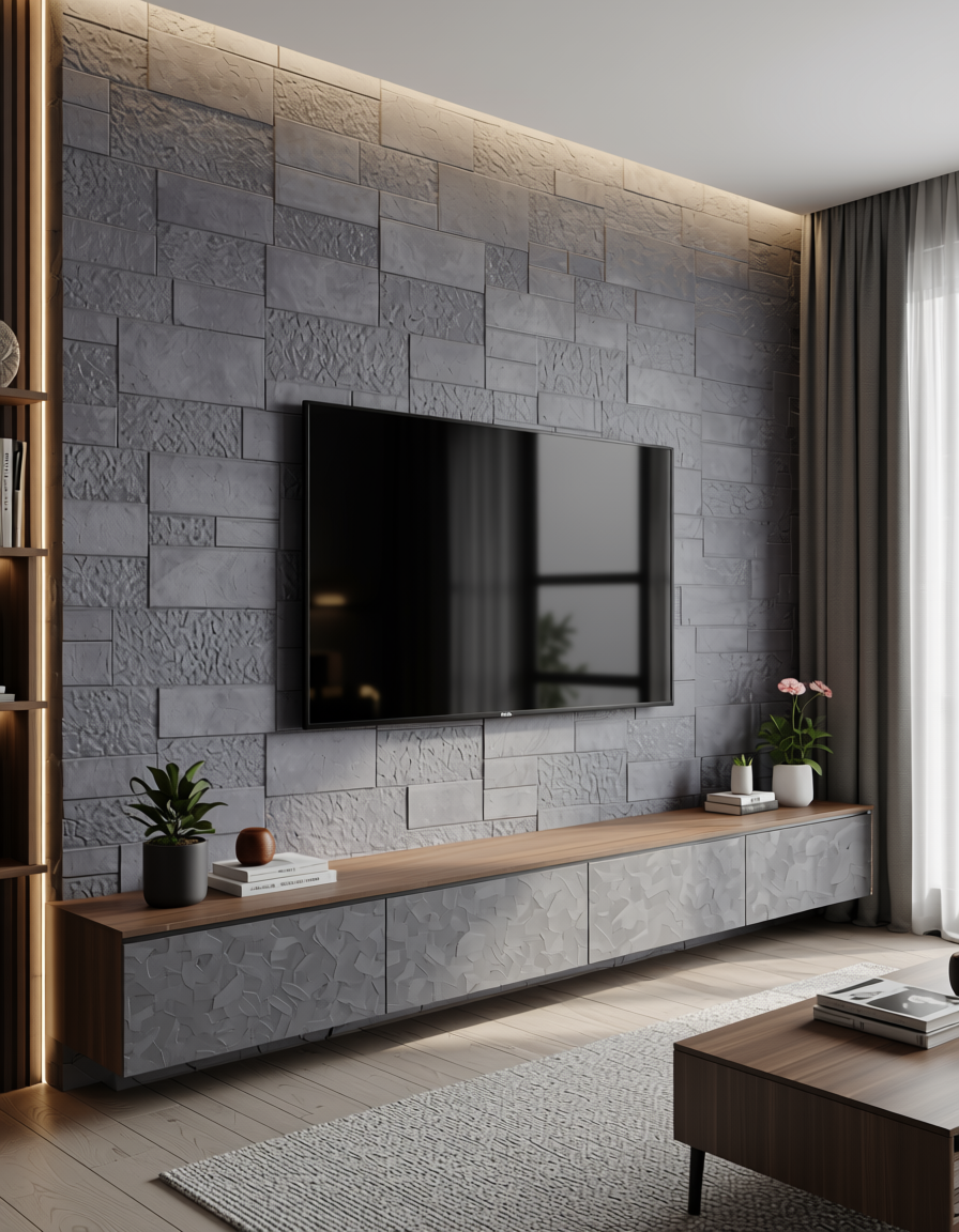 Gray wall panel with textured, rectangular tiles in a staggered pattern.