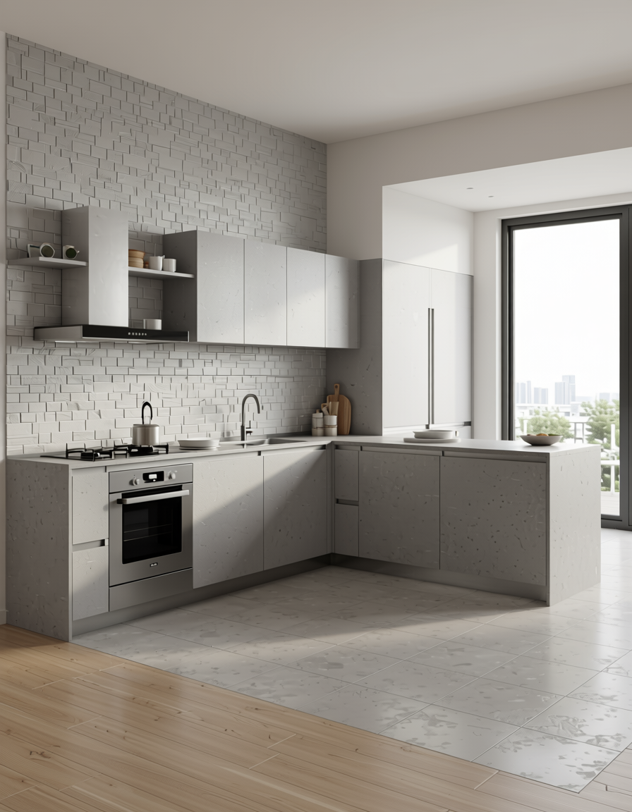 Light gray wall panel with textured, rectangular brick pattern and subtle sheen.
