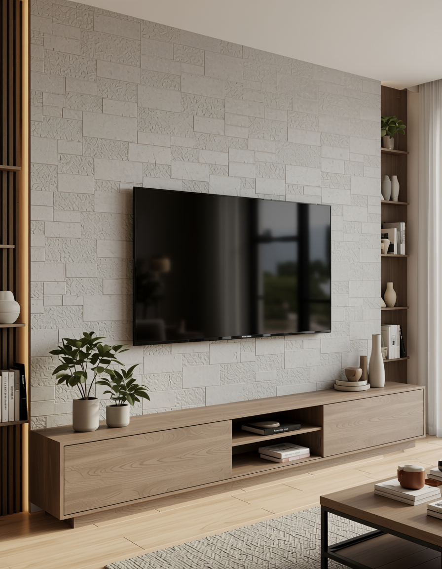Light gray wall panel with textured, rectangular brick pattern and subtle sheen.
