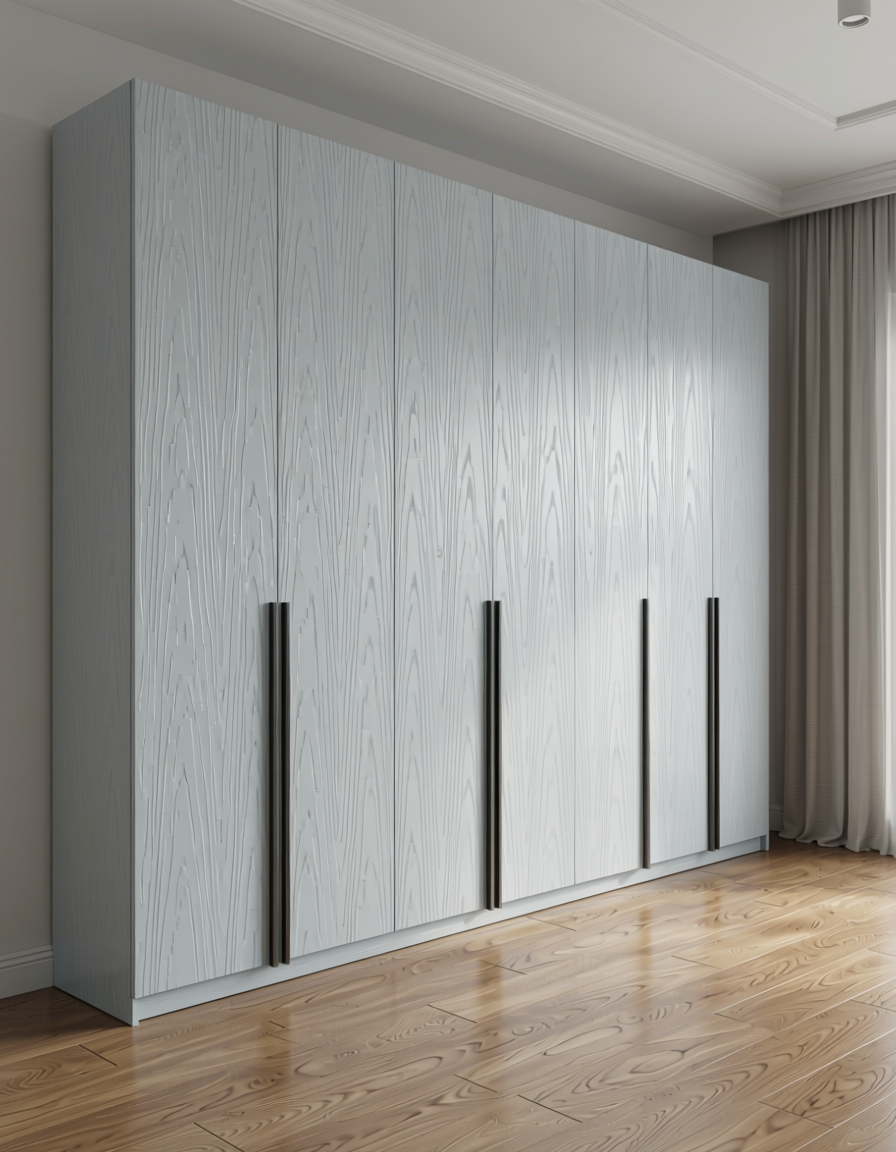 Light gray wall panel with vertical fluted texture and subtle sheen.