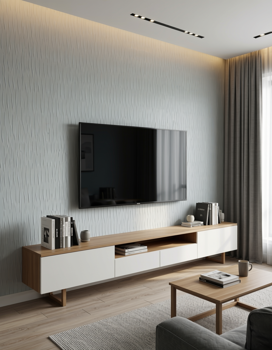 Light gray wall panel with vertical fluted texture and subtle sheen.