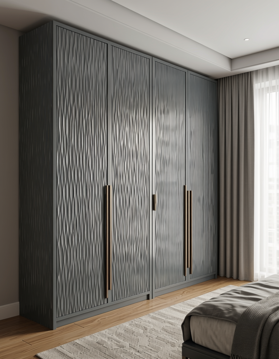 Dark gray wall panel with textured, wavy, vertical pattern and subtle sheen.