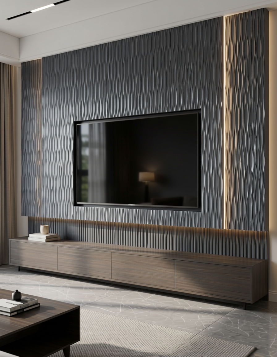 Dark gray wall panel with textured, wavy, vertical pattern and subtle sheen.